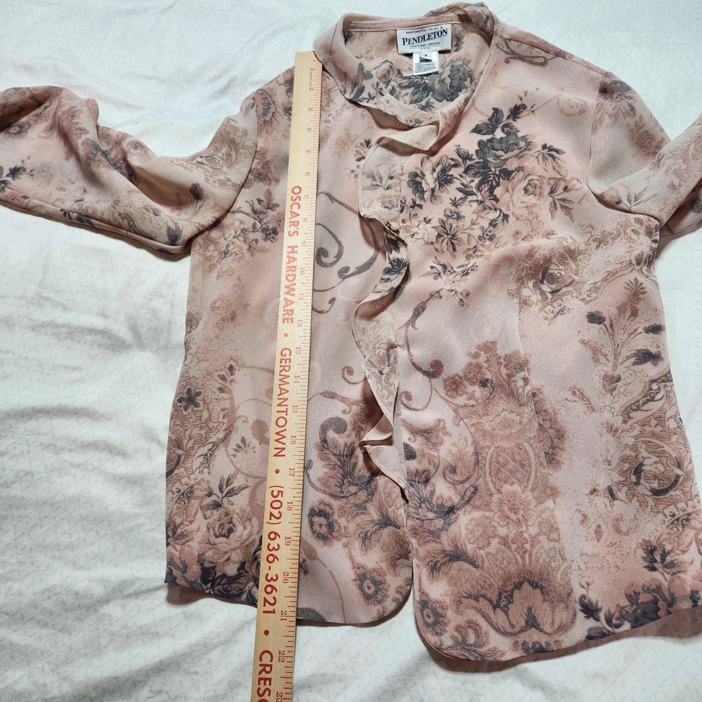 Pendleton Women's Sheer Floral Ruffle Blouse Dusty Rose Gray Long Sleeve Size 8 - Picture 8 of 10